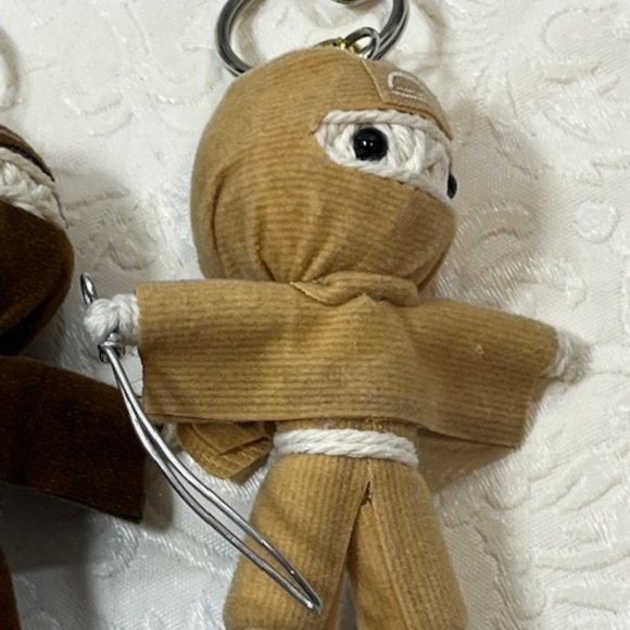 TWO Ninja String Doll Keychain Toys w/Swords Tan/Brown 2.5" x 3" NEW - Picture 15 of 16